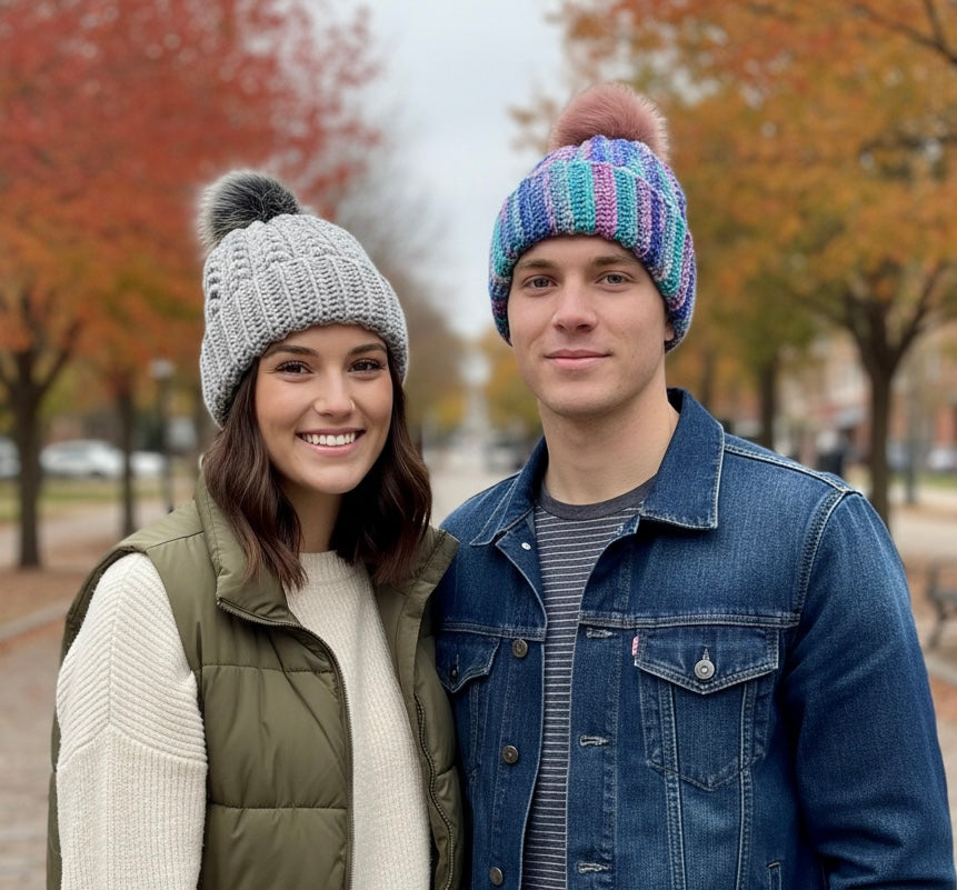Cozy Hand-Crocheted Beanies with Faux Fur Pom-Poms