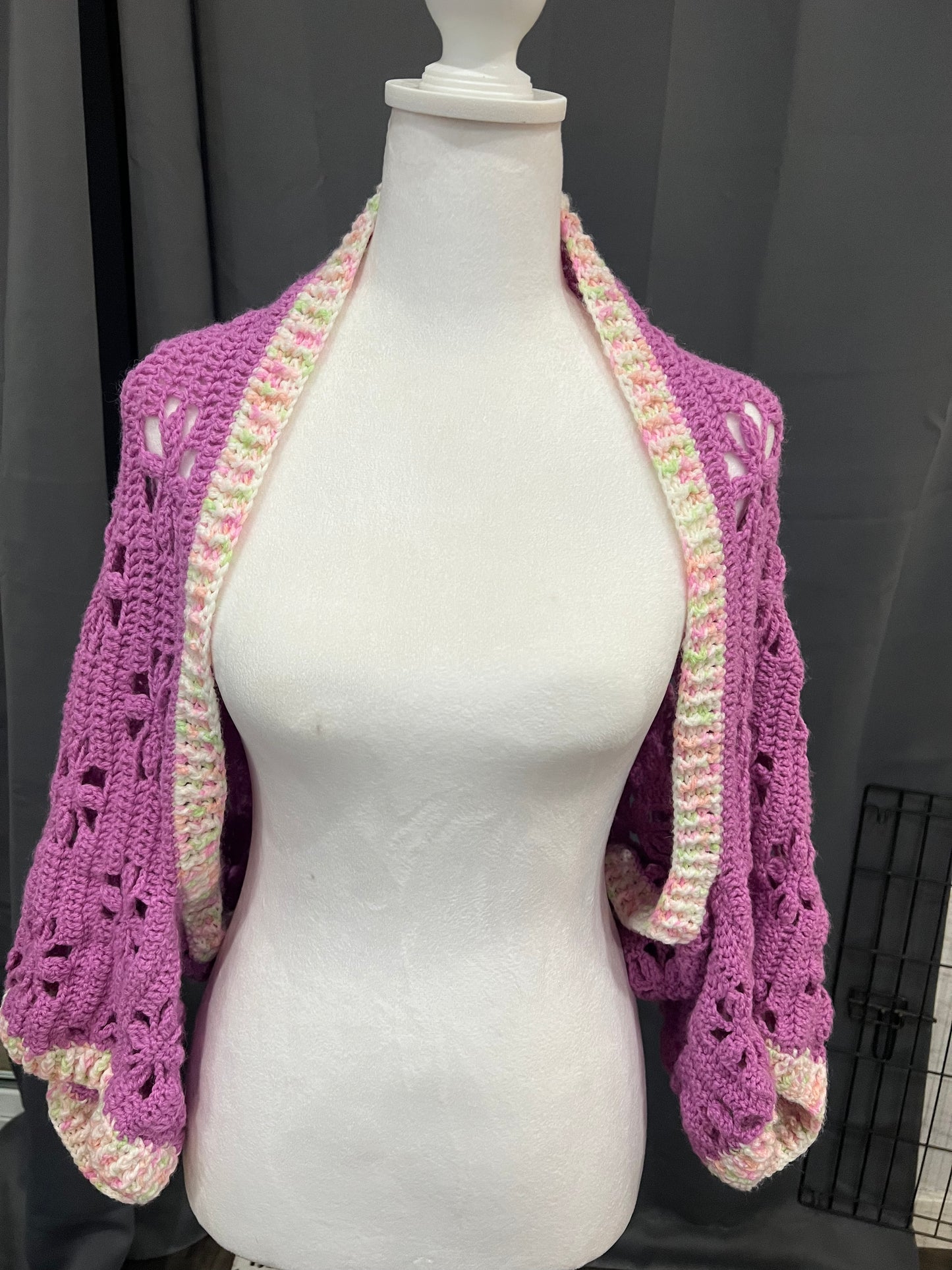 Lavender Purple Floral Crochet Draped Shrug