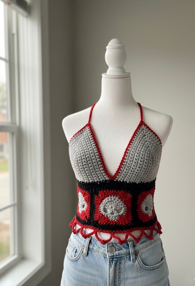 Handmade Gothic Skull Crochet Halter Top – Red, Black & Gray
