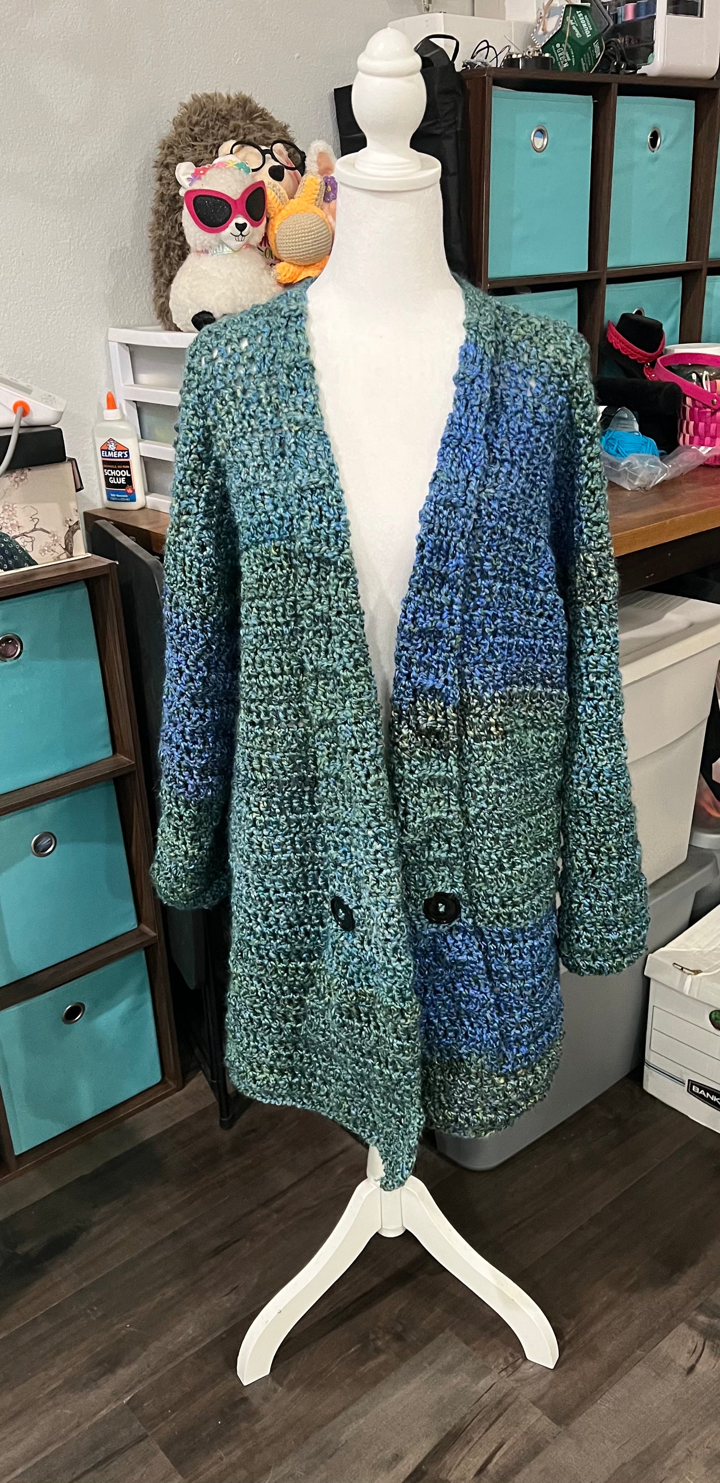 Handmade Chunky Crochet Cardigan sz L- Ocean Blues & Greens