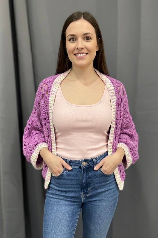 Lavender Purple Floral Crochet Draped Shrug