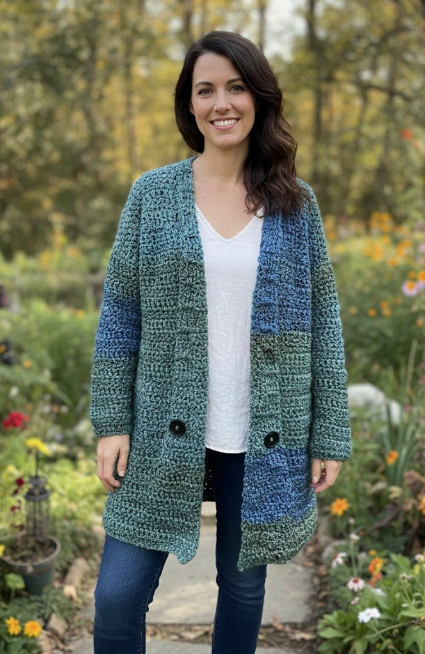 Handmade Chunky Crochet Cardigan sz L- Ocean Blues & Greens