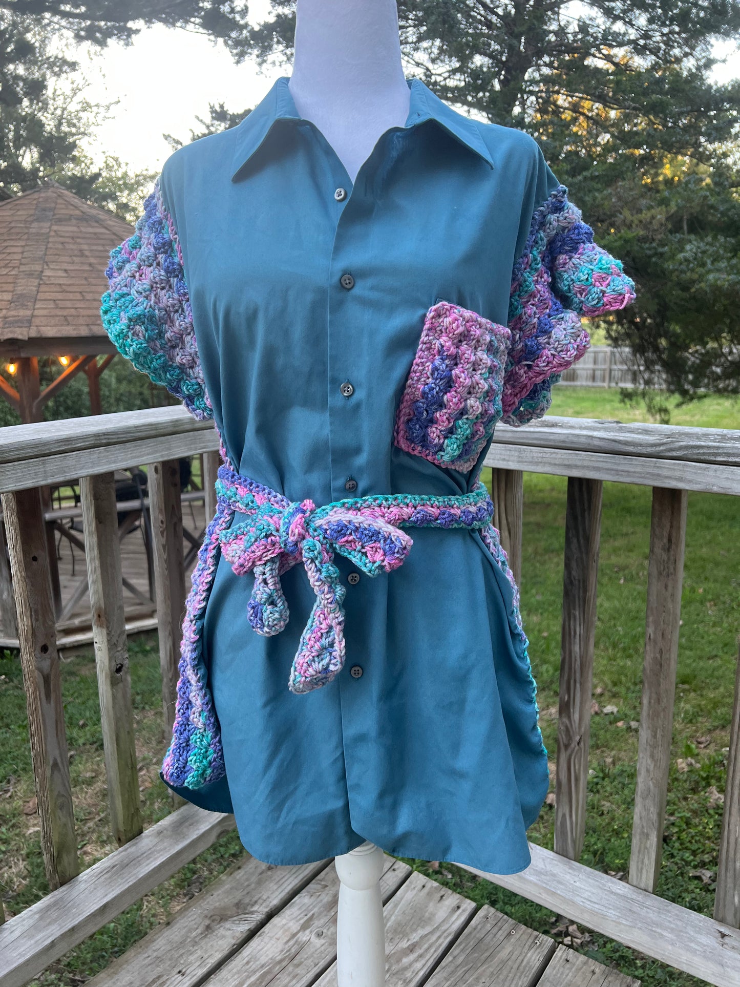 Upcycled Button-Down Shirt with Crochet Accents
