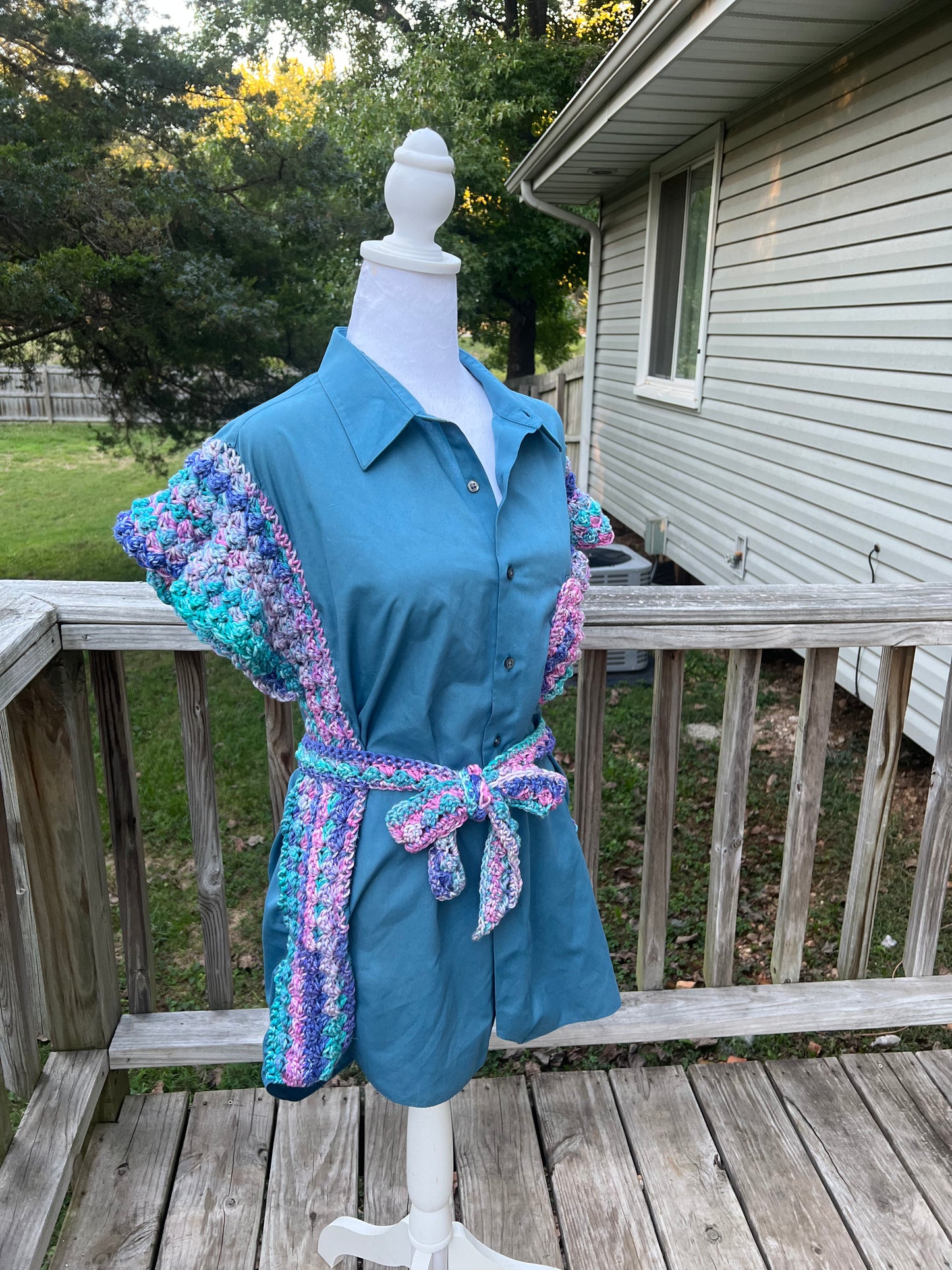 Upcycled Button-Down Shirt with Crochet Accents