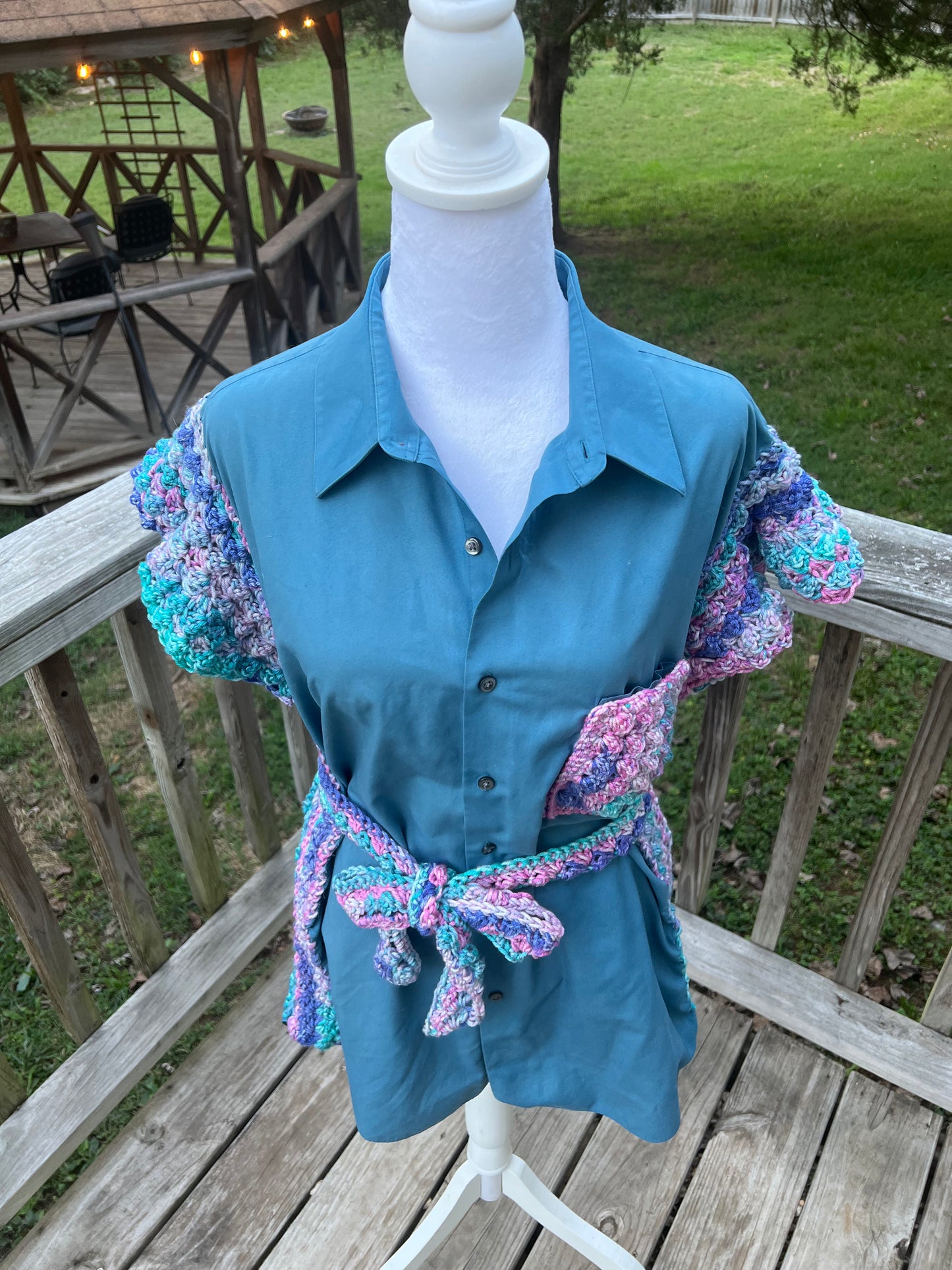Upcycled Button-Down Shirt with Crochet Accents