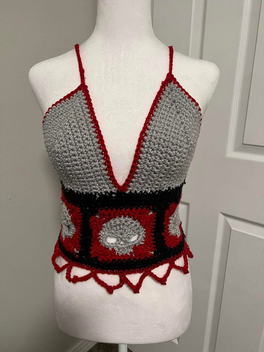 Handmade Gothic Skull Crochet Halter Top – Red, Black & Gray