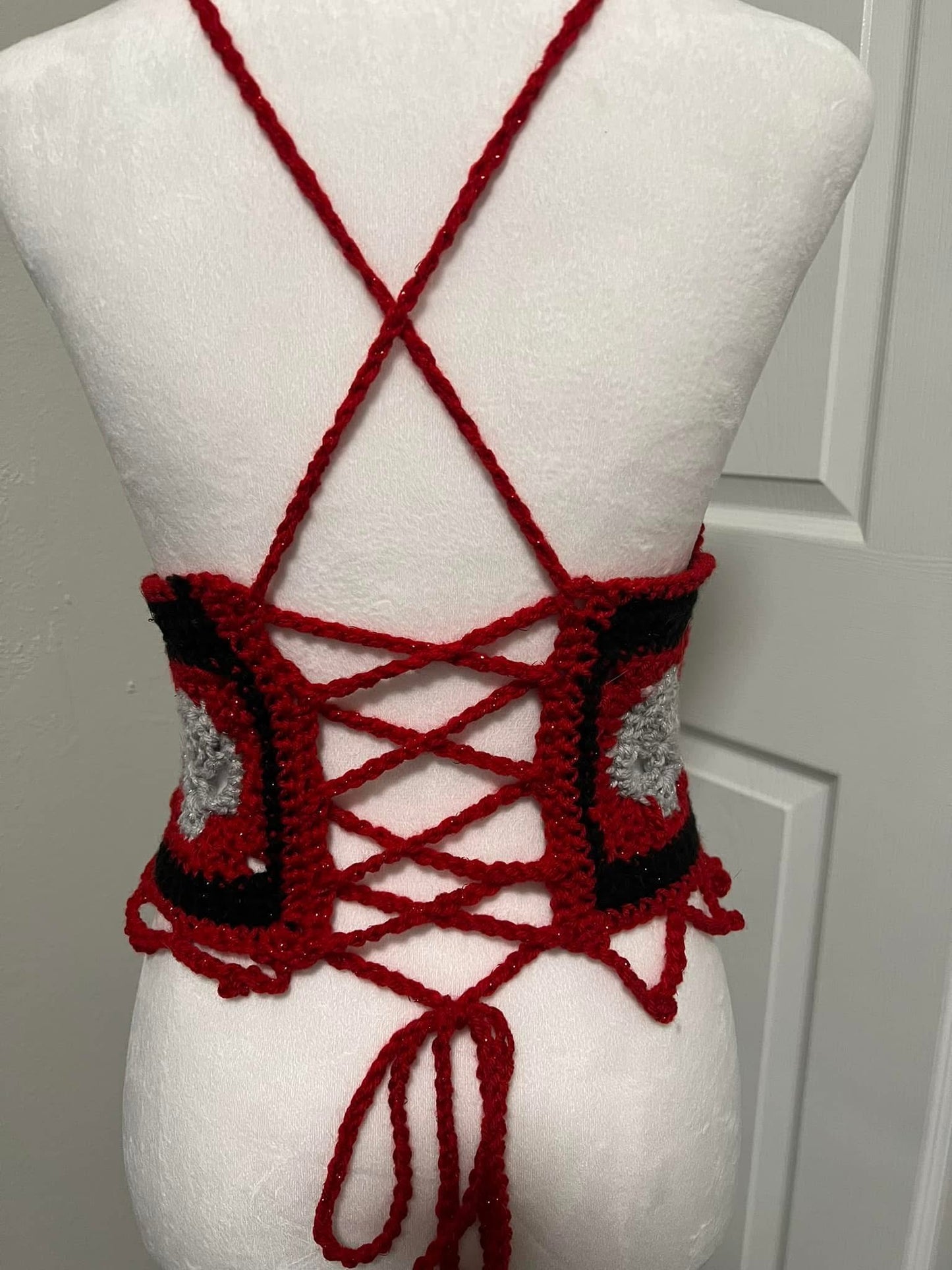 Handmade Gothic Skull Crochet Halter Top – Red, Black & Gray